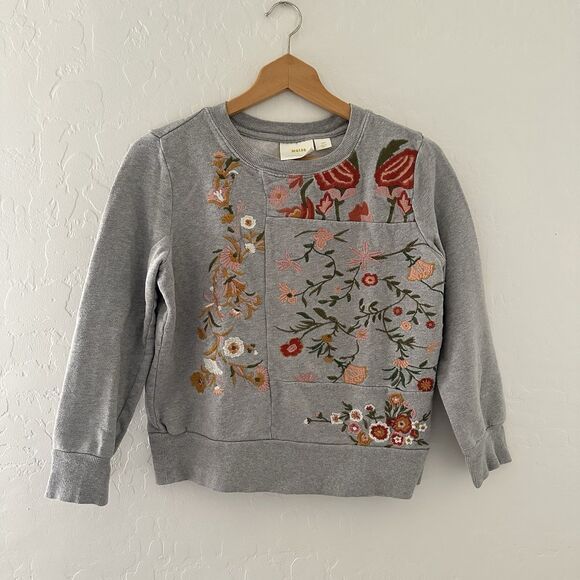 Maeve x Anthropologie Marcie Sweatshirt Womens XS Gray Floral Embroidery Boho - Picture 2 of 14